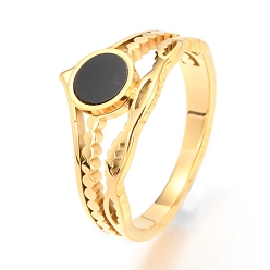Golden 304 Stainless Steel Finger Rings, with Resin, Flat Round, Black, Golden, US Size 7, Inner Diameter: 17mm