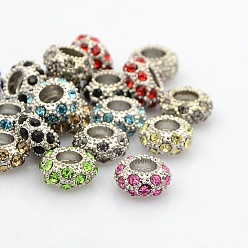 Mixed Color Platinum Plated Alloy Grade A Rhinestone European Beads, Large Hole Beads, Rondelle, Mixed Color, 11x6mm, Hole: 5mm