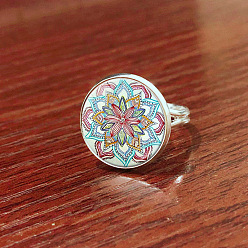 Cyan Glass Mandala Flower Finger Ring, Platinum Brass Flat Round Signet Ring for Women, Cyan, US Size 8(18.1mm)