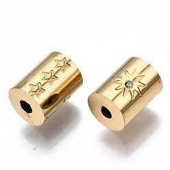 Real 14K Gold Plated 304 Stainless Steel Beads, with Rhinestone, Column with Star, Real 14K Gold Plated, 8x6mm, Hole: 1.6mm