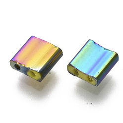 Multi-color Plateada Granos de la semilla de cristal electrochapa, 2 agujero, Rectángulo, multi-color de chapado, 5x4.5~5.5x2~2.5 mm, agujero: 0.5~0.8 mm