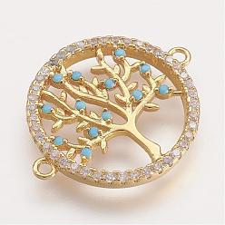 Golden Brass Micro Pave Cubic Zirconia Links, Flat Round with Tree of Life, Golden, 24x19x2mm, Hole: 1mm