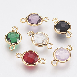 Mixed Color Glass Links connectors, with Brass Findings, Faceted Flat Round, Nickel Free, Real 18K Gold Plated, Mixed Color, 12x7x3mm, Hole: 1.2mm