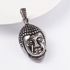 Antique Silver 316 Surgical Stainless Steel Pendants, Buddha Head, Antique Silver, 39x24x13mm, Hole: 5mm