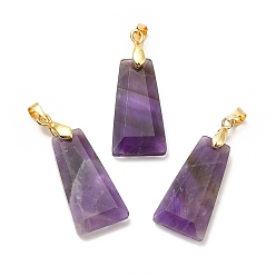 Amethyst Natural Amethyst Pendants, Faceted Trapezoid Charms, with Rack Plating Golden Tone Brass Findings, Cadmium Free & Lead Free, 25~26x12.5~13x3.5~4mm, Hole: 5x4mm