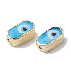Deep Sky Blue Brass Beads, with Enamel, Real 18K Gold Plated, Oval with Evil Eye, Deep Sky Blue, 14x8x6mm, Hole: 1.4mm