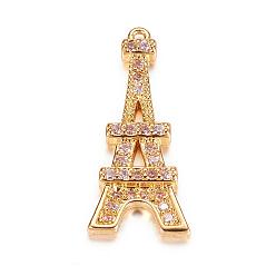 Golden Brass Micro Pave Cubic Zirconia Pendants, Eiffel Tower, Golden, 20x9x2mm, Hole: 1mm