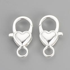Silver Alloy Lobster Claw Clasps, Heart, Silver Color Plated, 26.5x15x6.5mm, Hole: 4mm