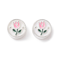 Pink Perlas de esmalte de la aleación, plata, redondo plano con patrón de tulipán, rosa, 5.5x3 mm, agujero: 1.2 mm