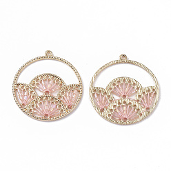 Pink Polyester Thread Woven Pendants, with Glass Seed Beads and Light Gold Plated Alloy Findings, Flat Round with Fan, Pink, 37.5x34.5x2mm, Hole: 1.8mm