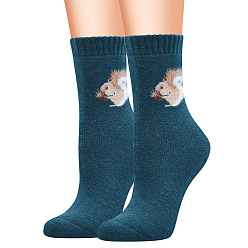 Teal Wool Knitting Socks, Winter Warm Thermal Socks, Squirrel Pattern, Teal, 250x70mm