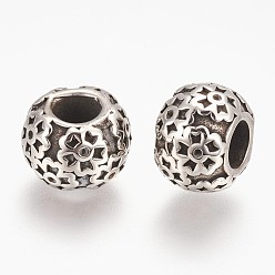Antique Silver 304 Stainless Steel European Beads, Large Hole Beads, Flat Round with Flower, Antique Silver, 12x8.5mm, Hole: 5mm