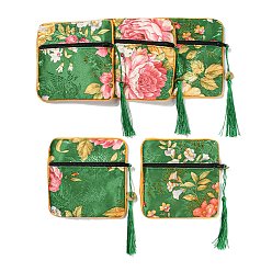 Medium Sea Green Chinese Style Floral Cloth Jewelry Storage Zipper Pouches, Square Jewelry Gift Case with Tassel, for Bracelets, Earrings, Rings, Random Pattern, Medium Sea Green, 115x115x7mm