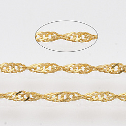 Oro Cadenas de singapur de hierro revestido de latón soldado, cadenas de ondas de agua, con carrete, dorado, 2.5x1.7x0.3 mm, aproximadamente 39.37 pies (12 m) / rollo