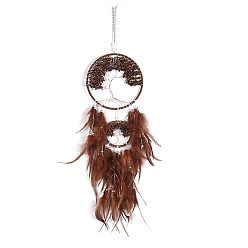 Feather Retro Style Iron & Natural Tiger Eye Pendant Hanging Decoration, Woven Net/Web with Feather Wall Hanging Wall Decor, 160mm