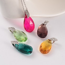 Mixed Color Faceted Teardrop Brass Glass Pendants, with Rhinestone, Platinum, Mixed Color, 22x13x8mm, Hole: 4.5x3.5mm