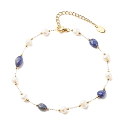 Lapis Lazuli Bracelet de cheville en perles de lapis-lazuli naturel et de perles, bijoux en acier inoxydable plaqué or pour femme, 9.65~9.92 pouces (245~252 mm)