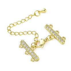 Real 18K Gold Plated Brass Micro Pave Cubic Zirconia Chain Extender, Necklace Layering Clasps, with 3 Strands 6-Hole Ends and Lobster Claw Clasps, Nickel Free, Clear, Real 18K Gold Plated, 48mm, Clasp: 10x6x2.5mm, Extend Chain: 40x3mm, End: 8.5x18x2mm, Hole: 1.5mm