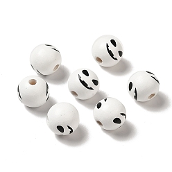 White Printed Round Wood European Beads, Halloween Theme Large Hole Beads, Monster Face, White, 16mm, Hole: 4mm