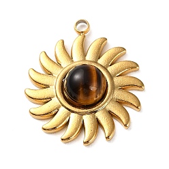 Tiger Eye Natural Tiger Eye Sun Pendants, Golden Plated 304 Stainless Steel Sun Charms, 19.5x17x4.5mm, Hole: 1.6mm