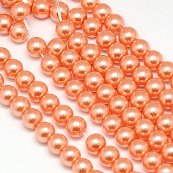Corail Brins de perles rondes en verre teinté écologique, Grade a, cordon en coton fileté, corail, 10mm, Trou: 0.7~1.1mm, Environ 42 pcs/chapelet, 15 pouce