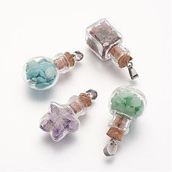 Mixed Color Natural & Synthetic Gemstone Pendants, with Glass Bottle for Bead Containers, Mixed Shape, Mixed Color, 38mm, Hole: 4x7mm