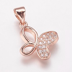 Rose Gold Brass Cubic Zirconia Pendants, Butterfly Charms, Rose Gold, 12x14x2.5mm, Hole: 3.5x5mm