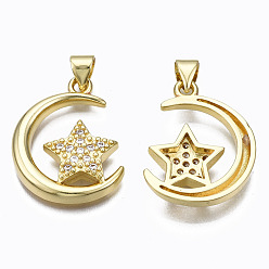Real 16K Gold Plated Brass Micro Pave clear Cubic Zirconia Pendants, Nickel free, Moon with Star, Real 16K Gold Plated, 23x17x4mm, Hole: 3x5mm