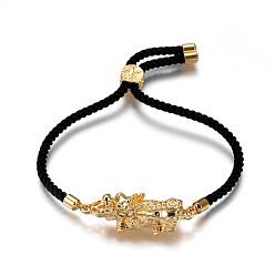 Black Adjustable Nylon Cord Bracelets, Slider Bracelets, Bolo Bracelets, with Alloy Links and Brass Findings, Pi Xiu, Golden, Black, 9-1/4 inch(23.5cm), 3mm
