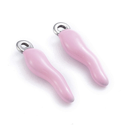 Pink 304 Stainless Steel Pendants, Enamelled Sequins, Horn of Plenty/Italian Horn Cornicello Charms, Stainless Steel Color, Pink, 17.5x4.5x3.5mm, Hole: 1mm