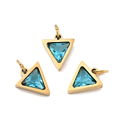 Dark Turquoise Vacuum Plating 304 Stainless Steel Pendants, with Cubic Zirconia and Jump Rings, Single Stone Charms, Triangle, Golden, Dark Turquoise, 11x9.5x3mm, Hole: 3.6mm