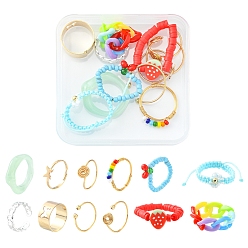 Mixed Color 12Pcs 12 Style Cherry & Strawberry & Flower Glass Seed & Polymer Clay Heishi Beaded Stretch Finger Rings, Acrylic Curb Chain Rings, Copper Wire Open Cuff Rings for Women, Mixed Color, US Size 6 1/2~9 3/4(16.9~19.5mm), 1Pc/style