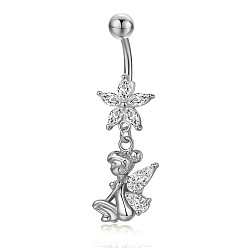 Clear Piercing Jewelry, Eco-Friendly Brass Cubic Zirciona Navel Ring, Belly Rings, with 304 Stainless Steel Bar, Heart and Elf, Clear, 40mm, Pendant: 18x12mm, Bar: 14 Gauge(1.6mm), Bar Length: 3/8"(10mm)