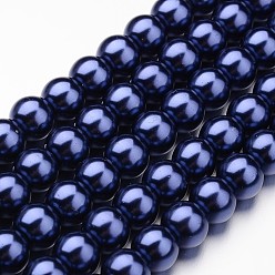 Bleu Nuit Brins de perles rondes en verre teinté écologique, Grade a, cordon en coton fileté, bleu minuit, 8mm, Trou: 1.2~1.5mm, Environ 52 pcs/chapelet, 15 pouce