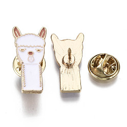 White Alloy Brooches, Enamel Pin, with Brass Butterfly Clutches, Llama/Alpaca, Light Gold, White, 25x12x2mm, Pin: 1mm