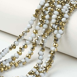 White Electroplate Opaque Glass Beads Strands, Half Golden Plated, Faceted, Rondelle, White, 8x6mm, Hole: 1mm, about 72pcs/strand, 16.14 inch(41cm)