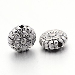 Argent Antique Perles en alliage de style tibétain, sans plomb & sans nickel & sans cadmium , fleur, idéal pour créer des cadeaux du jour de mère/de la Fête des Mères, argent antique, 7.5x3.5mm, Trou: 1mm