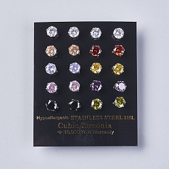 Mixed Color Cubic Zirconia Stud Earrings, with 304 Stainless Steel Findings, Mixed Color, 14x6mm, Pin: 0.6mm