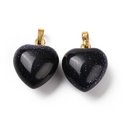 Blue Goldstone Synthetic Blue Goldstone Pendants, with Golden Tone Brass Findings, Heart Charm, 18x15~15.5x6~8mm, Hole: 6x3mm