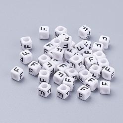 Letter F Acrylic Horizontal Hole Letter Beads, Cube, White, Letter F, Size: about 6mm wide, 6mm long, 6mm high, about hole: about 3.2mm, about 2600pcs/500g