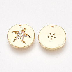 Real 18K Gold Plated Brass Cubic Zirconia Charms, Flat Round with Starfish/Sea Stars, Clear, Nickel Free, Real 18K Gold Plated, 10x1.5mm, Hole: 0.8mm