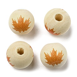 Feuille Perles européennes en bois d'automne, perles imprimées à gros trous, ronde, feuille, 16mm, Trou: 4mm