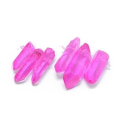 Hot Pink Natural Dyed Quartz Pointed Pendants, Two Tone Color, Bullet, Hot Pink, 24~40x5~10mm, Hole: 1mm, 3pcs/set