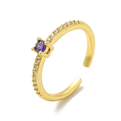 Purple Cubic Zirconia Open Cuff Ring, Rack Plating Real 18K Gold Plated Brass Jewelry for Women, Lead Free & Cadmium Free, Purple, US Size 3, Inner Diameter: 14mm, 2~3.5mm