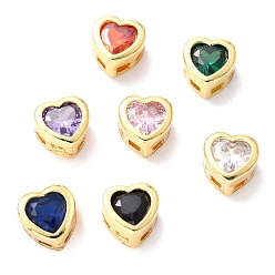 Mixed Color Brass inlaid Cubic Zirconia Slide Charms, Real 18K Gold Plated, Heart, Mixed Color, 6.5x6.5x4mm, Hole: 0.8x2mm