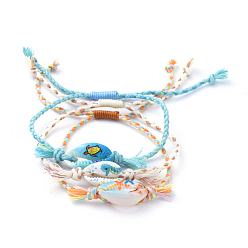 Couleur Mélangete Bracelets de perles tressées réglables, avec perles de coquillage cauri imprimées et cordon en coton, modèle d'organisme marin, couleur mixte, diamètre intérieur: 3/4 pouces ~ 3 pouces (2.1~7.8 cm), 3 pièces / kit