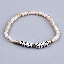 Blanched Almond Faceted Round Glass Beads Stretch Bracelets, with Cube Acrylic Letter Beads, Word Dog Mom, Blanched Almond, Inner Diameter: 2-1/8 inch(5.3cm)