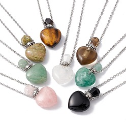 Mixed Stone Openable Heart Natural & Synthetic Mixed Stone Perfume Bottle Pendant Necklaces for Women, 304 Stainless Steel Cable Chain Necklaces, Stainless Steel Color, 18.62 inch(47.3cm)