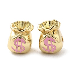 Pink Rack Plating Real 18K Gold Plated Brass Enamel Beads, Cadmium Free & Lead Free, Money Bag with Dollar Sign, Pink, 11x9x8.5mm, Hole: 2mm