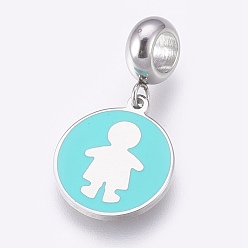 Stainless Steel Color 304 Stainless Steel European Dangle Charms, Large Hole Pendants, with Enamel, Flat Round with Boy, Cyan, Stainless Steel Color, 25.5mm, Hole: 4mm, Pendant: 16x13.5x1mm